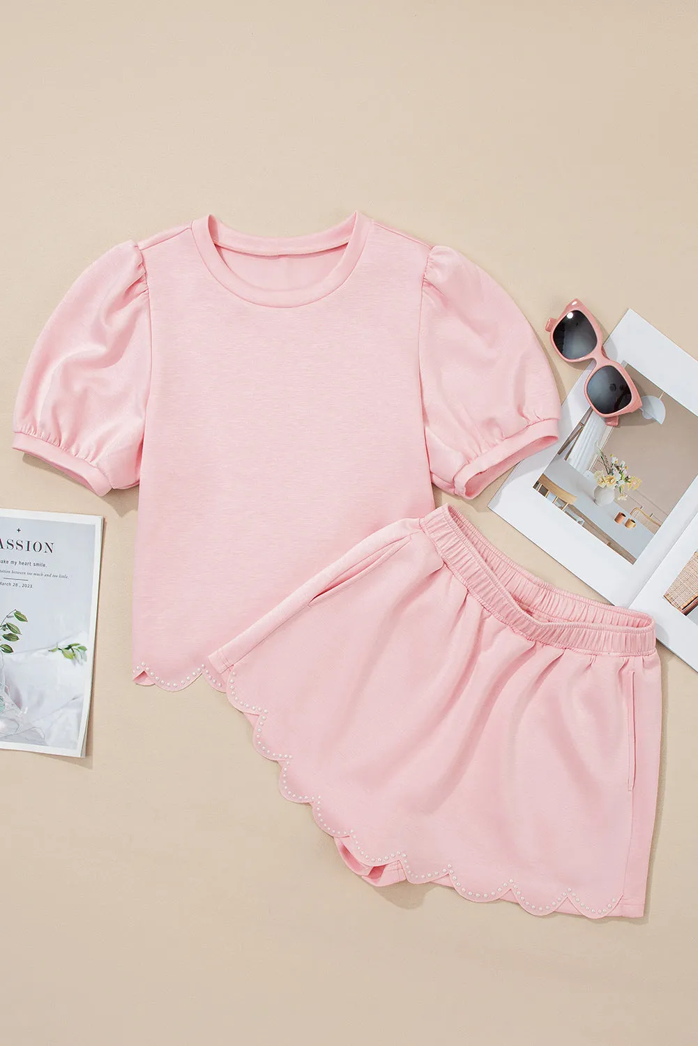 Puff Sleeve Pearl Embellished Scallop Trim Top 2 Piece Skort Co-ord Set sold by Beagle Boutique product image thumbnail 5