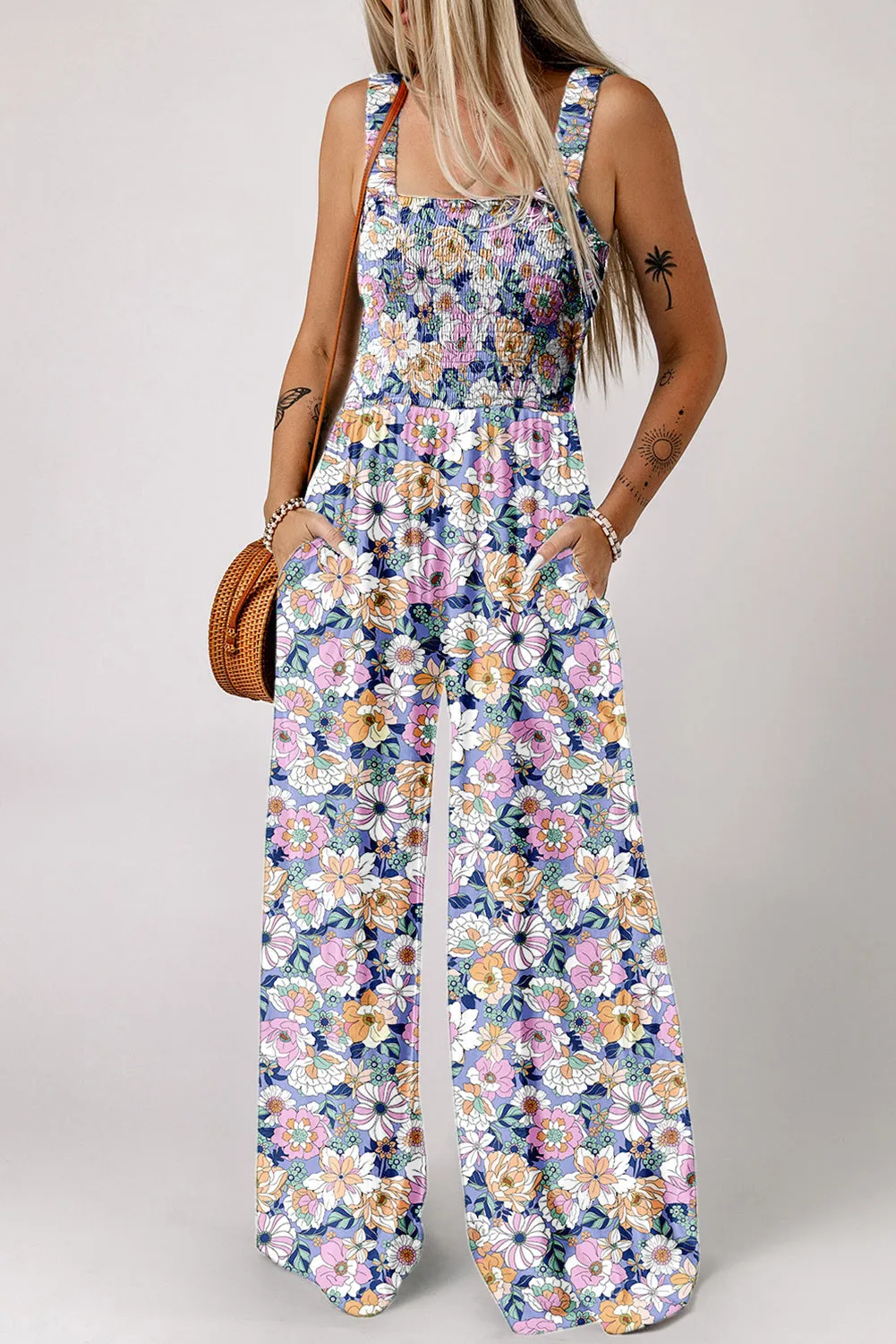 Floral Print Smocked High Waist Square Neck Jumpsuit sold by Beagle Boutique