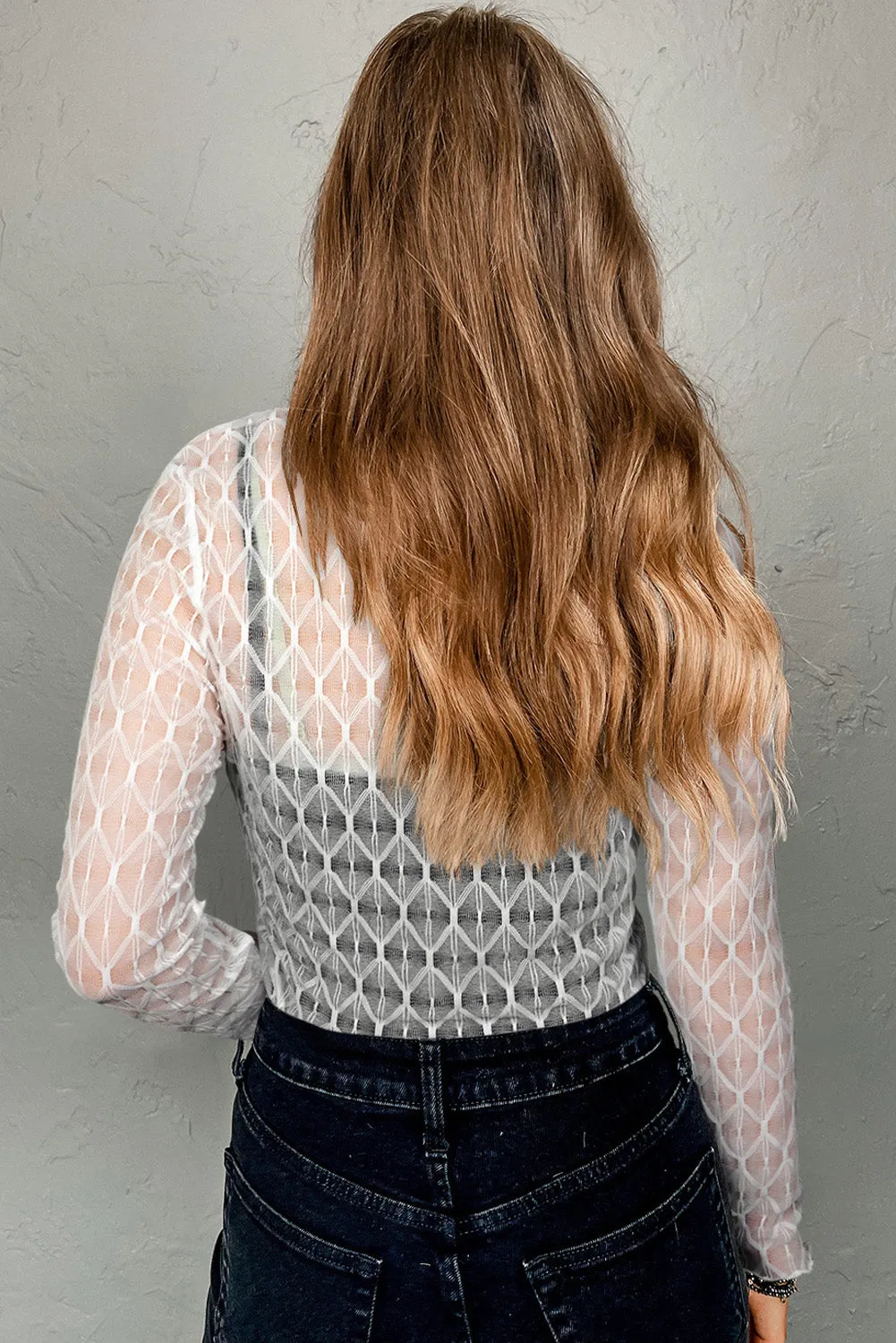 Sheer Mesh Patterned Lettuce Trim Slim Long Sleeve Top sold by Beagle Boutique product image thumbnail 2