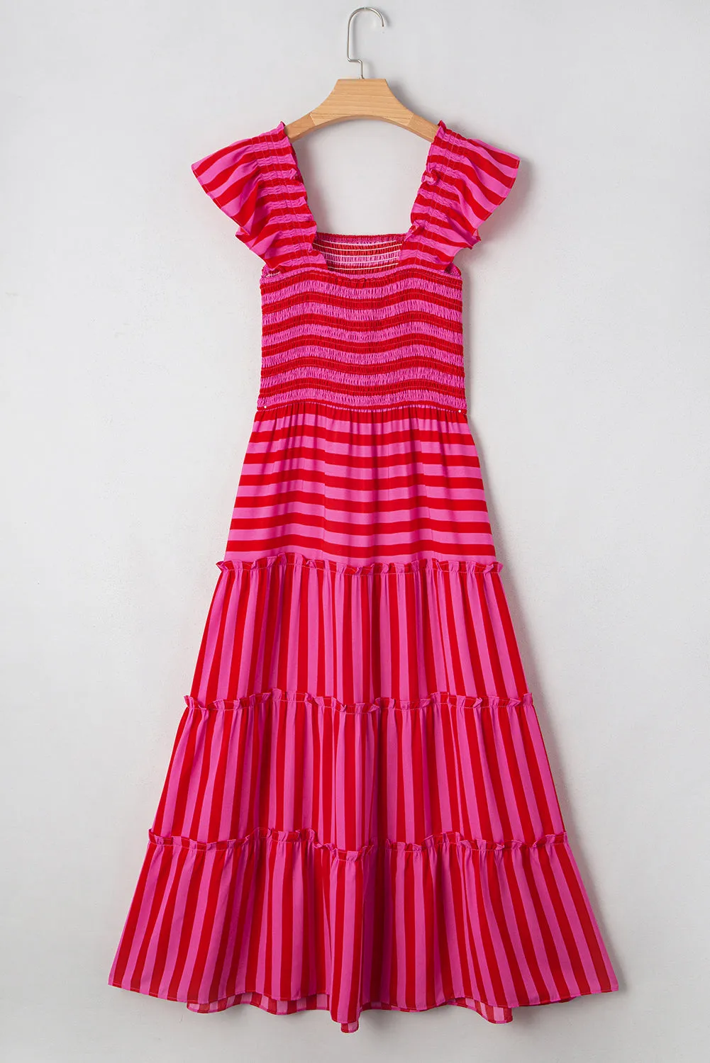 Rose Stripe Flutter Sleeve Smocked Bodice Tiered Maxi Dress sold by Beagle Boutique product image thumbnail 5