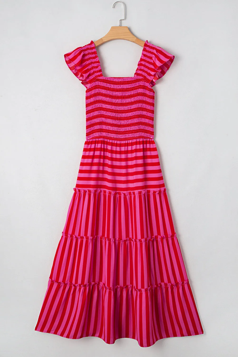 Rose Stripe Flutter Sleeve Smocked Bodice Tiered Maxi Dress sold by Beagle Boutique product image thumbnail 4