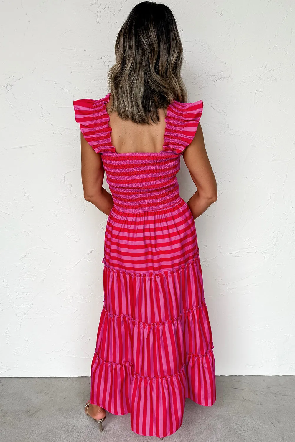 Rose Stripe Flutter Sleeve Smocked Bodice Tiered Maxi Dress sold by Beagle Boutique product image thumbnail 2