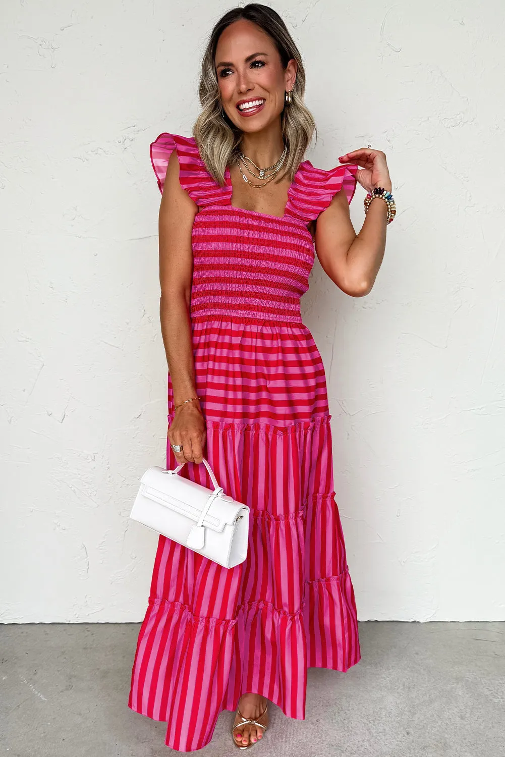 Rose Stripe Flutter Sleeve Smocked Bodice Tiered Maxi Dress sold by Beagle Boutique product image thumbnail 3
