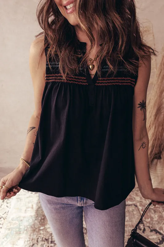 Black Shirred Yoke Notched V-Neck Tank Top sold by Beagle Boutique