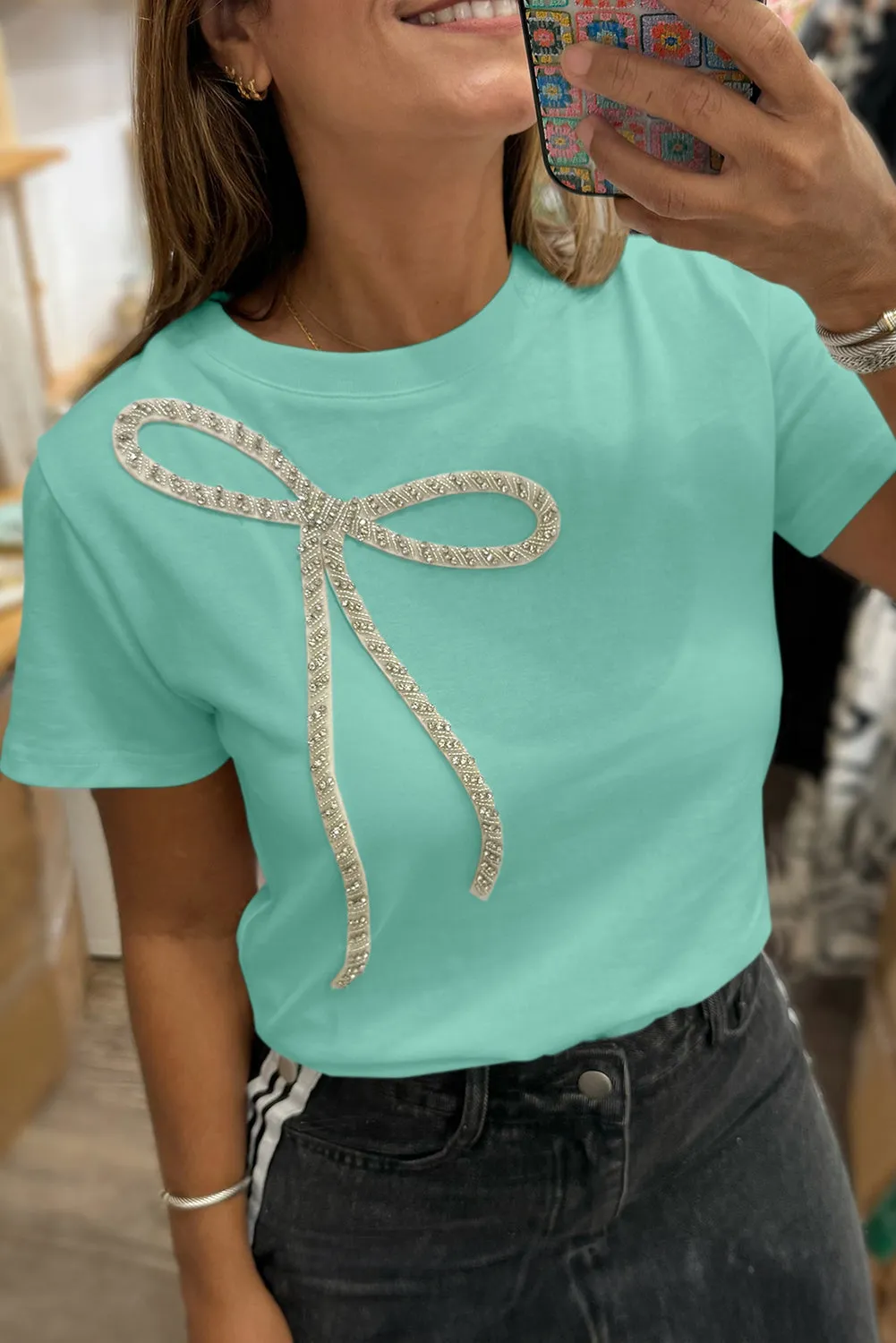 Rhinestone Bow Embellished Round Neck Tee sold by Beagle Boutique
