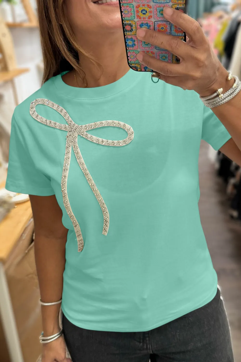 Rhinestone Bow Embellished Round Neck Tee sold by Beagle Boutique product image thumbnail 2