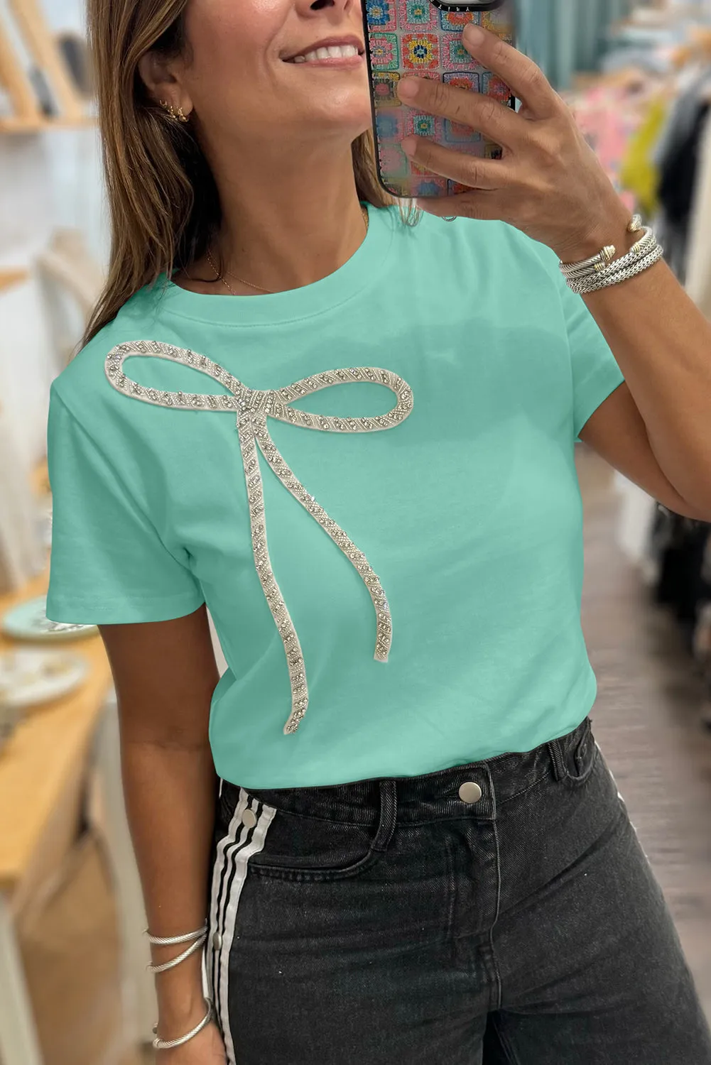Rhinestone Bow Embellished Round Neck Tee sold by Beagle Boutique product image thumbnail 3