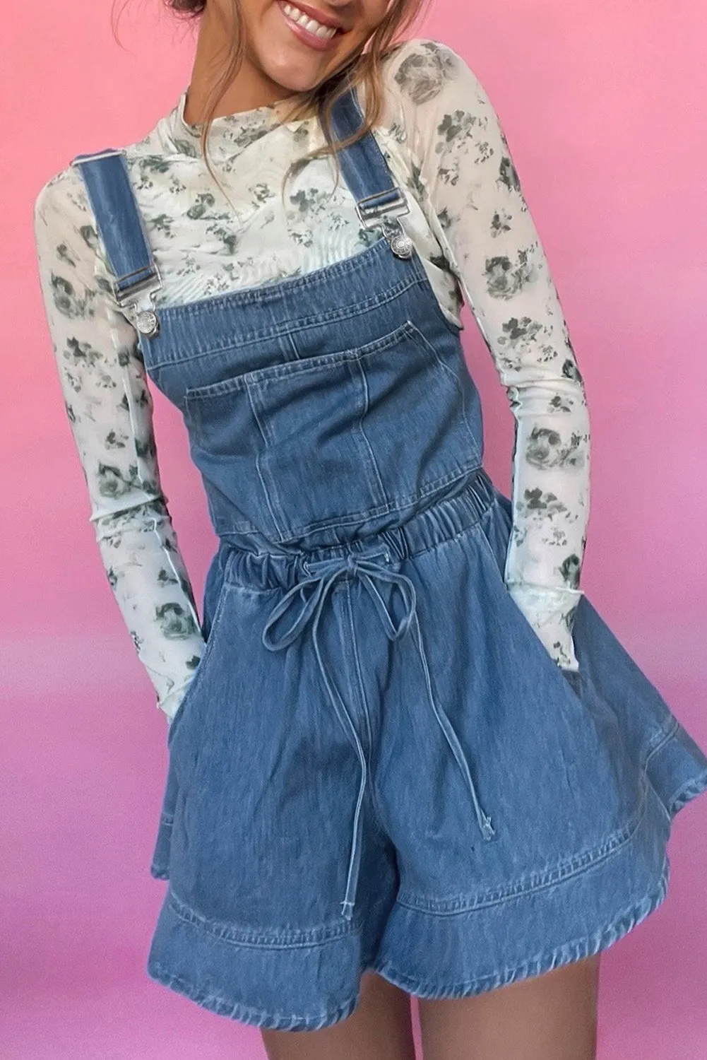 Buckle Straps Bib Style Drawstring Tied Backless Flared Denim Romper sold by Beagle Boutique