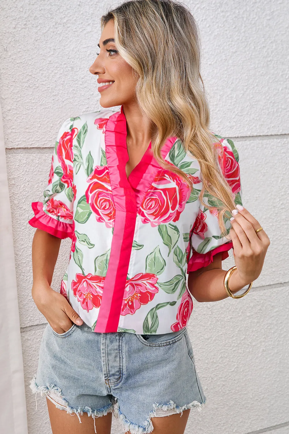 Floral Ruffled V-Neck Short Sleeve Blouse Top sold by Beagle Boutique product image thumbnail 3