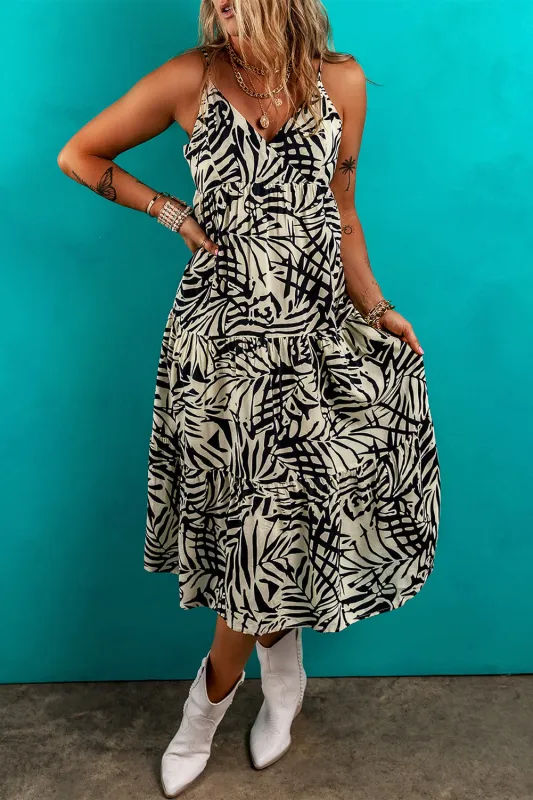 Khaki Tropical Palm Print Wrapped V Neck Spaghetti Straps Tiered Dress sold by Beagle Boutique