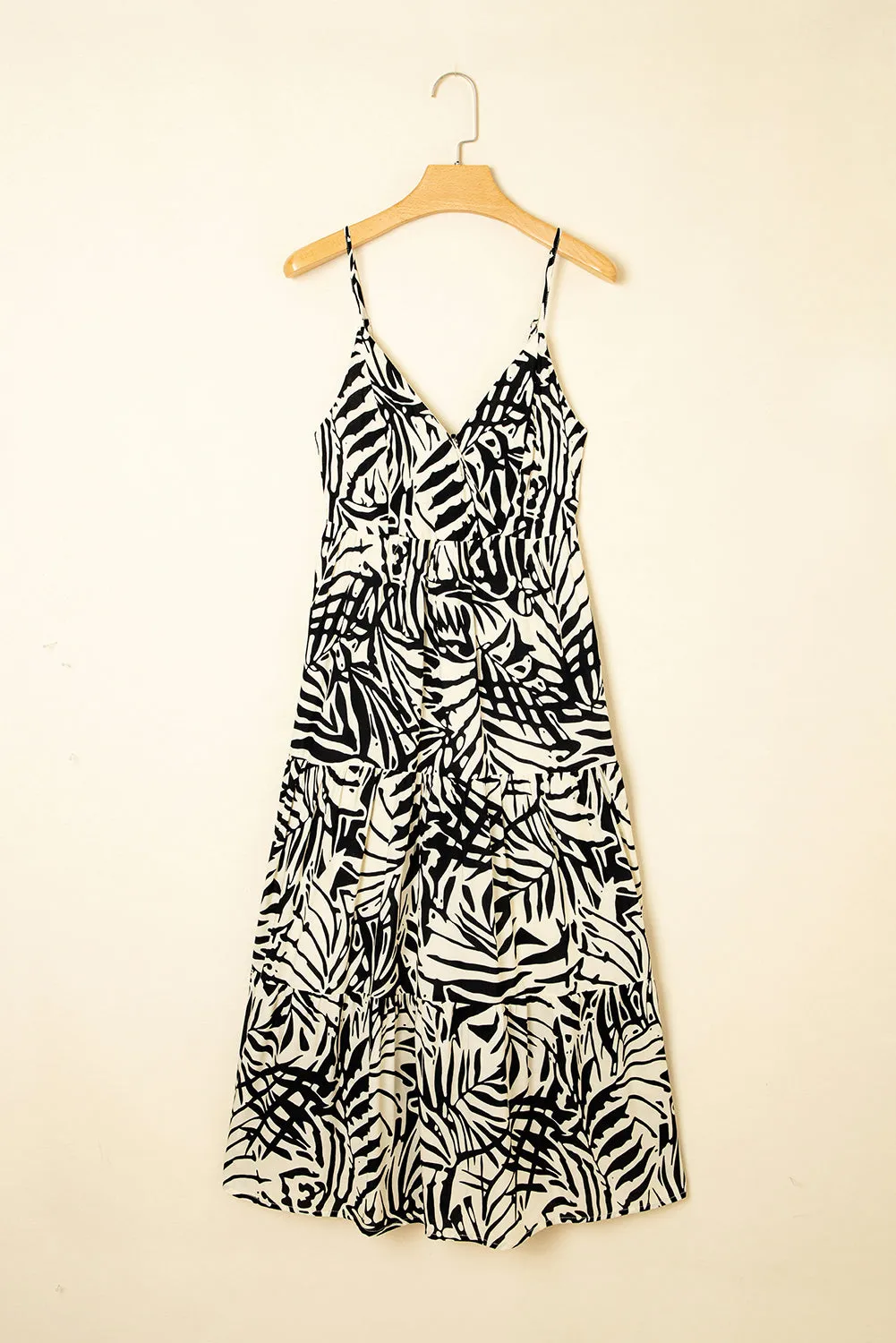 Khaki Tropical Palm Print Wrapped V Neck Spaghetti Straps Tiered Dress sold by Beagle Boutique product image thumbnail 4