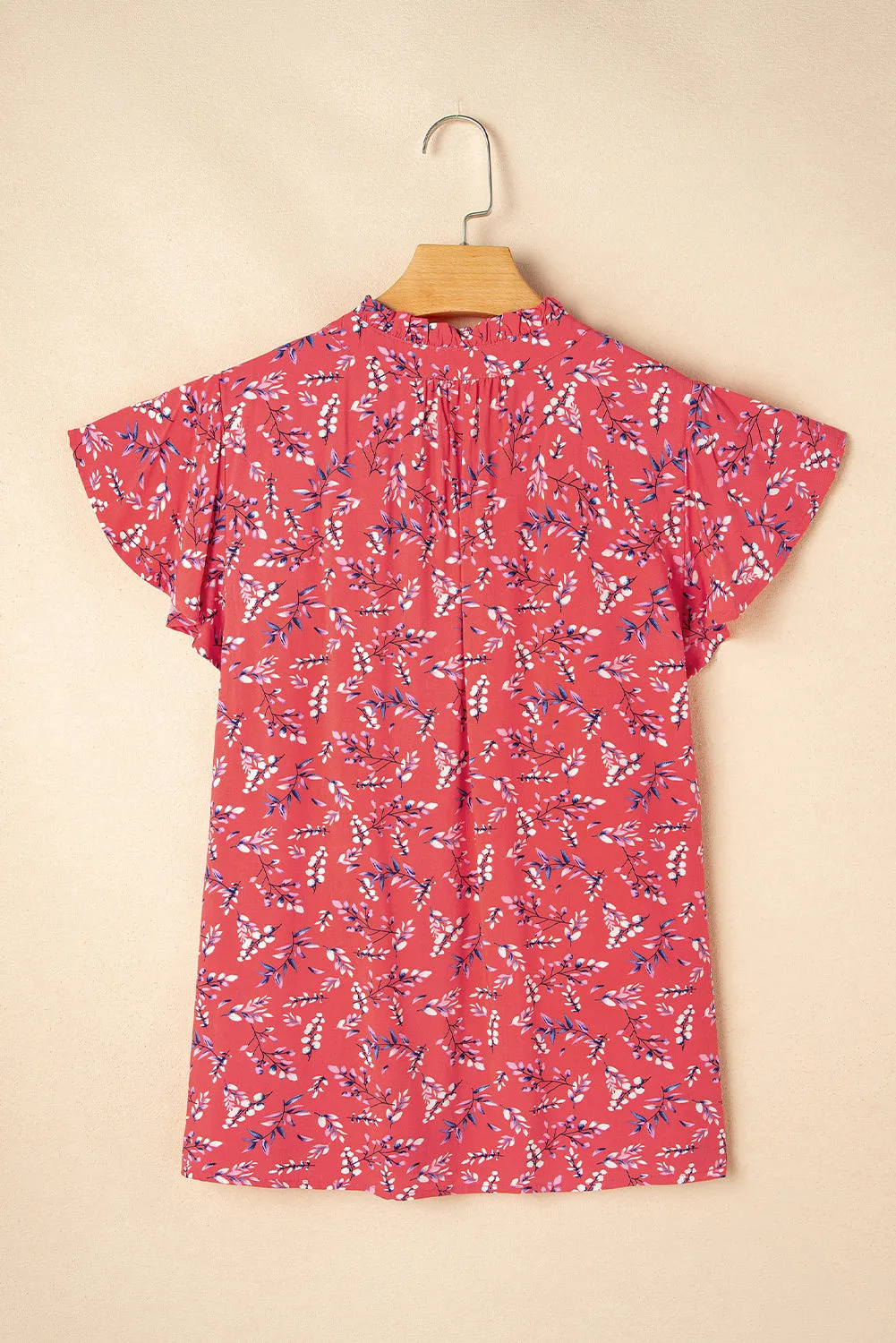 Red Floral Tie Split Neck Short Flounce Sleeve Crinkled Blouse sold by Beagle Boutique product image thumbnail 4