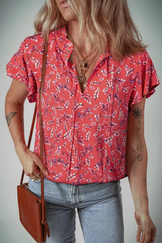 Red Floral Tie Split Neck Short Flounce Sleeve Crinkled Blouse sold by Beagle Boutique