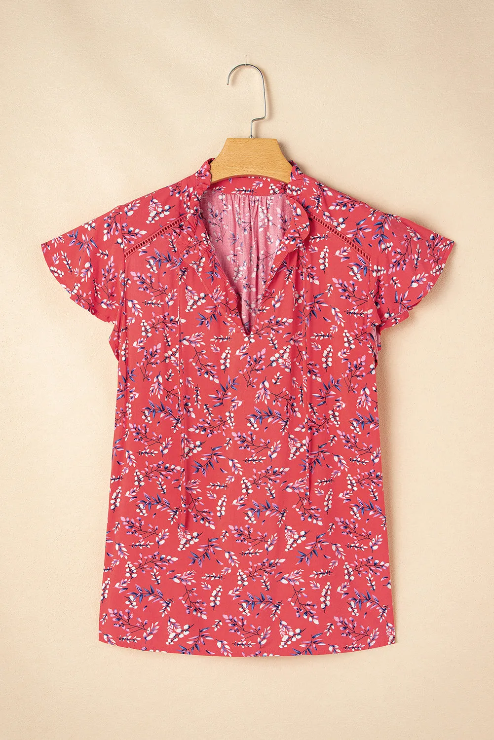 Red Floral Tie Split Neck Short Flounce Sleeve Crinkled Blouse sold by Beagle Boutique product image thumbnail 3
