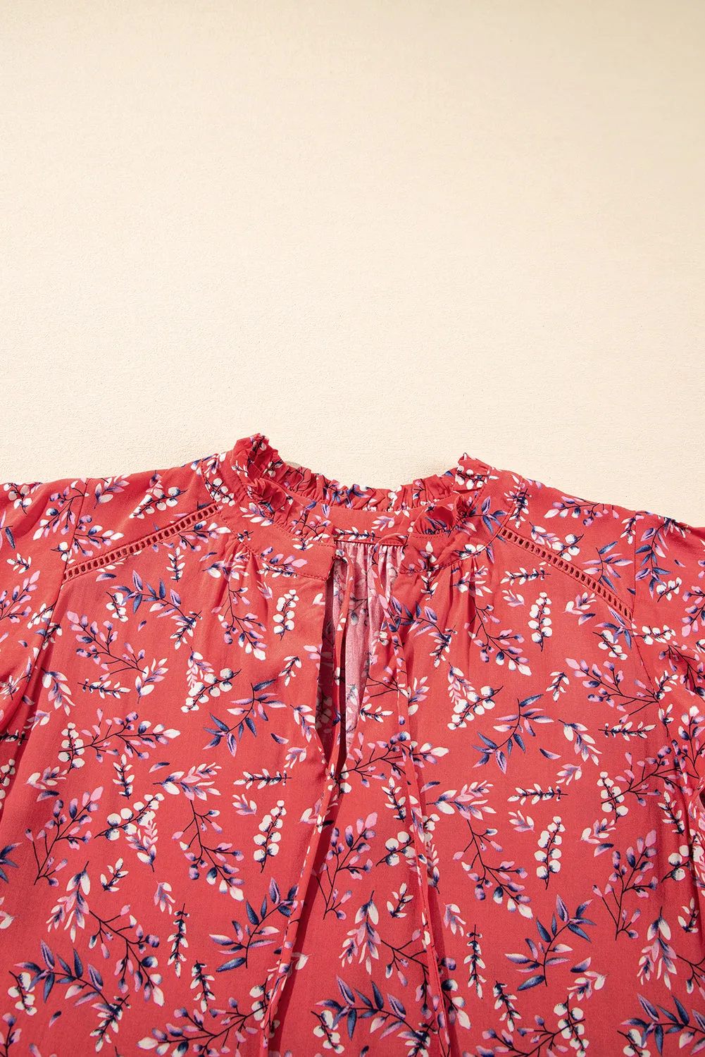 Red Floral Tie Split Neck Short Flounce Sleeve Crinkled Blouse sold by Beagle Boutique product image thumbnail 5