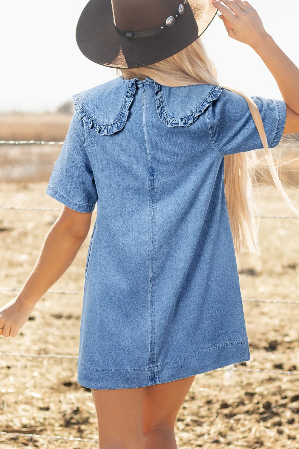Beau Blue Frilled Peter Pan Collar Loose Denim Short Dress sold by Beagle Boutique product image thumbnail 2
