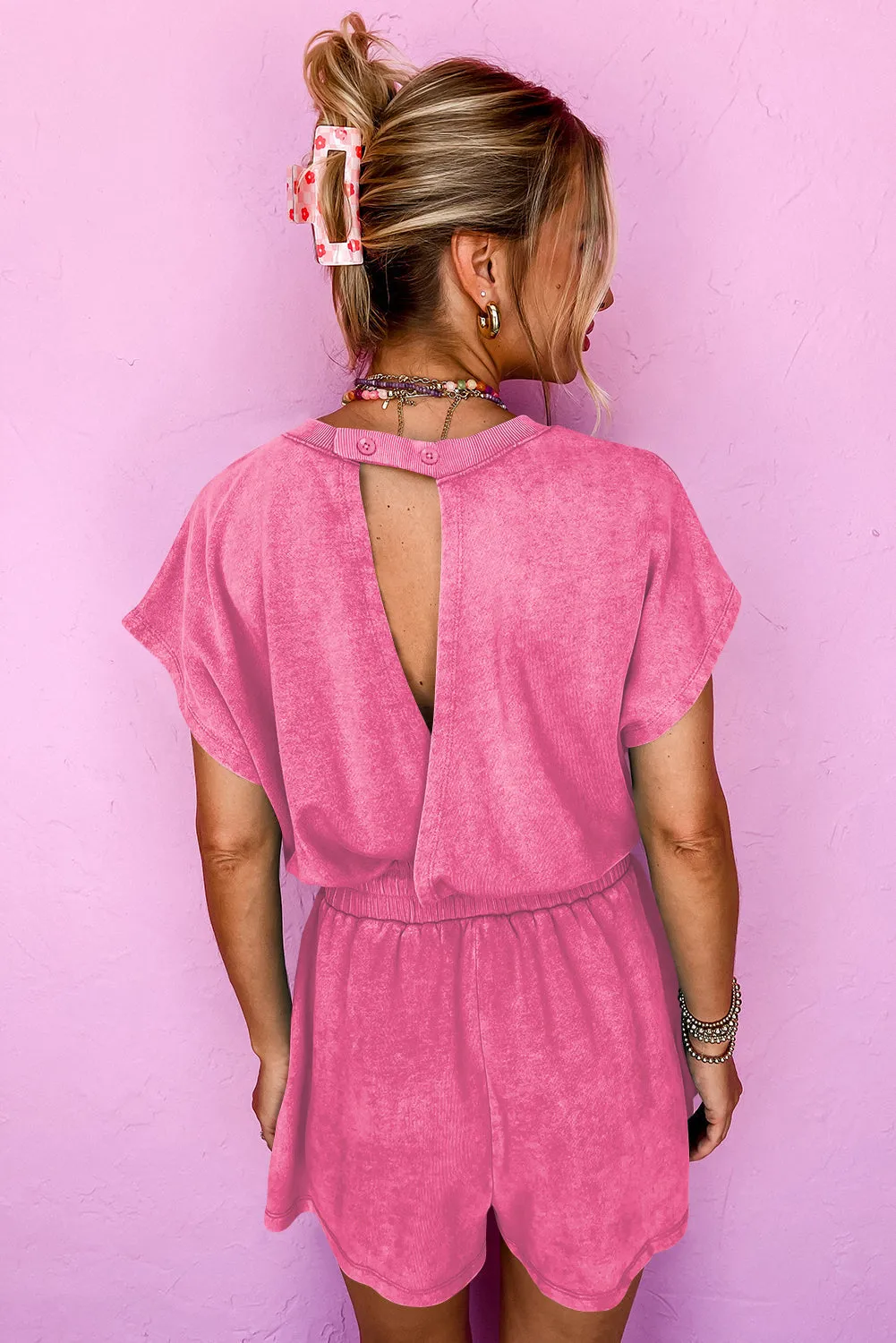 Mineral Wash Drawstring Waist Hollow Out Back Short Sleeve Romper sold by Beagle Boutique product image thumbnail 2