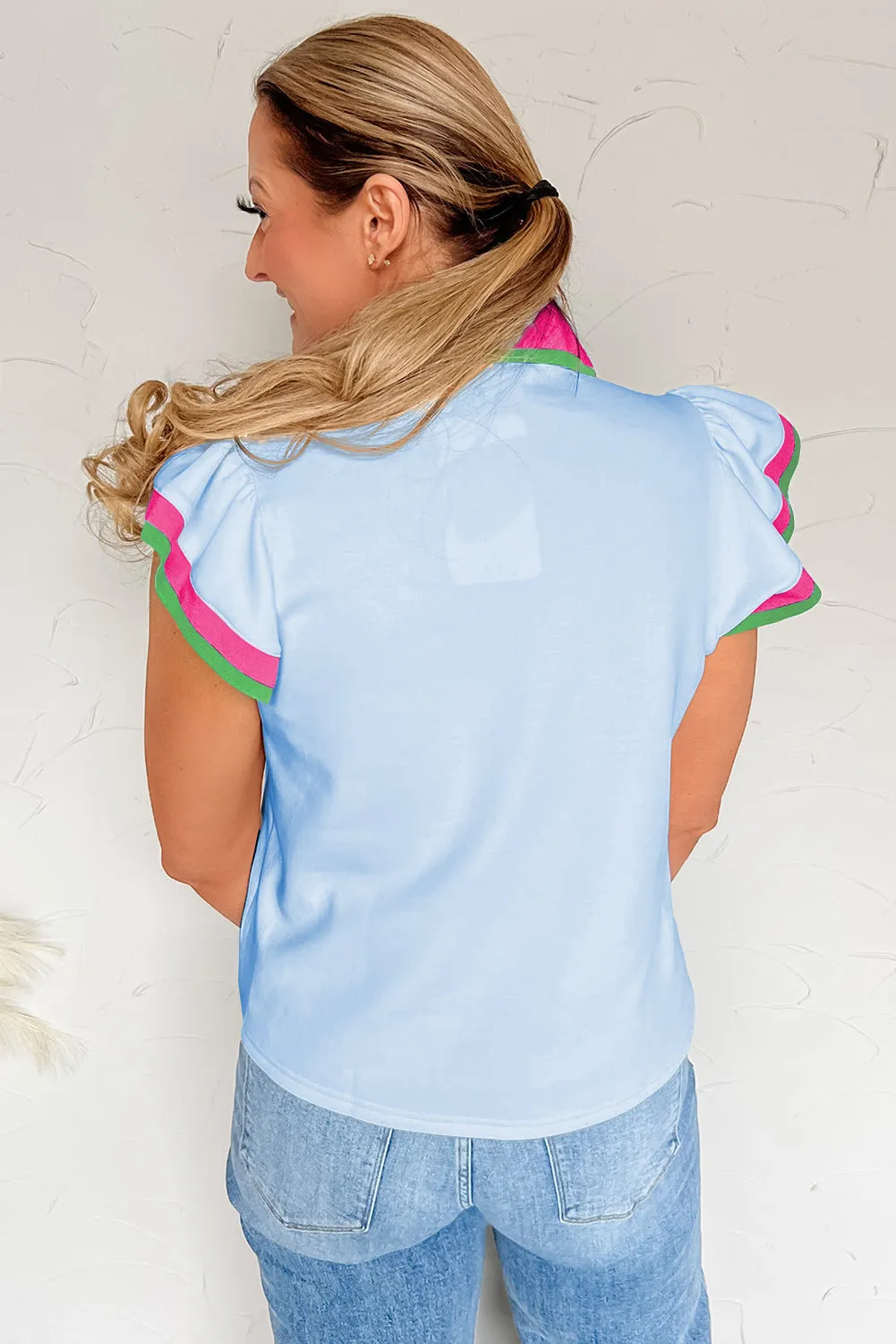 Contrast Ruffled Sleeve Collared V-Neck Blouse sold by Beagle Boutique product image thumbnail 2