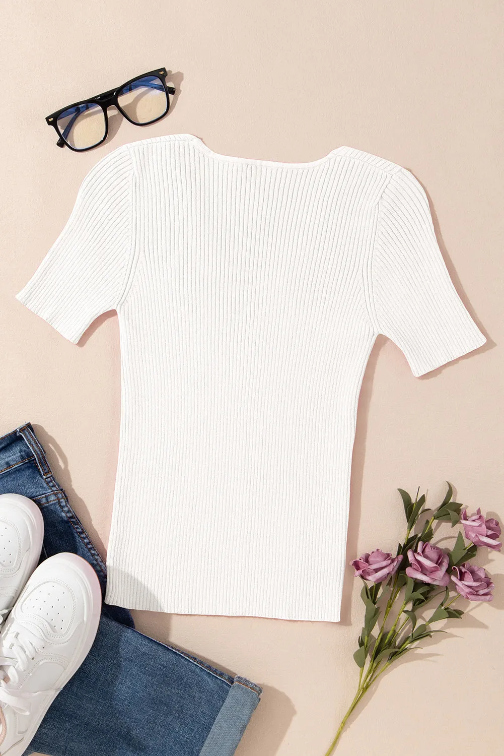 White V Neck Ribbed Knit Lightweight Short Sleeve Sweater sold by Beagle Boutique product image thumbnail 5