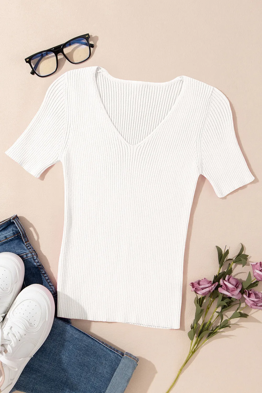 White V Neck Ribbed Knit Lightweight Short Sleeve Sweater sold by Beagle Boutique product image thumbnail 4