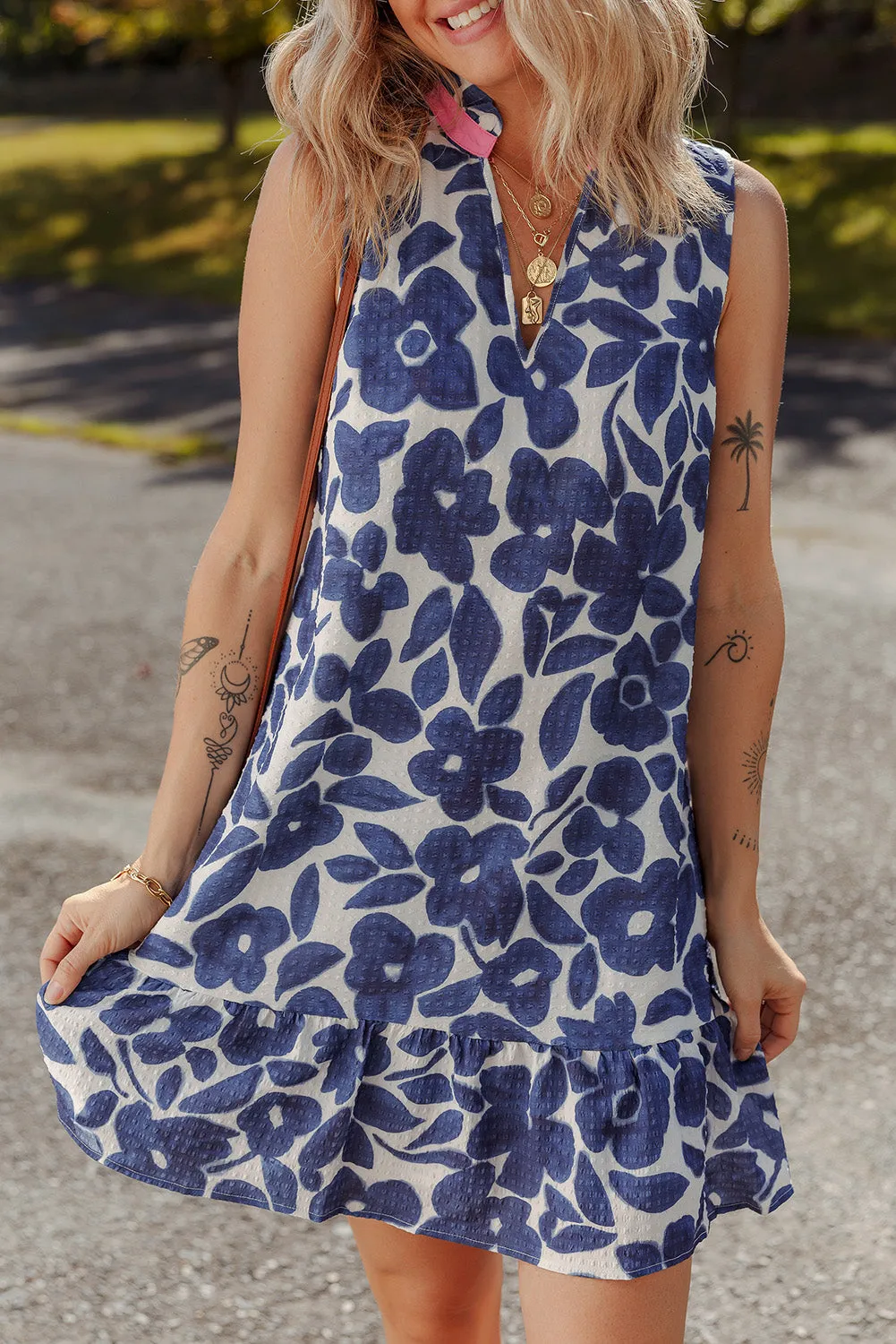 Blue Floral Sleeveless Notched V Neck Mini Dress sold by Beagle Boutique