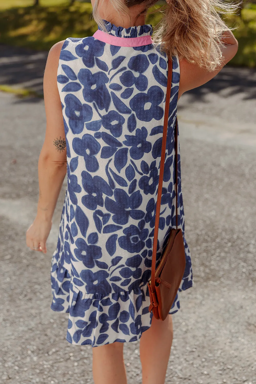 Blue Floral Sleeveless Notched V Neck Mini Dress sold by Beagle Boutique product image thumbnail 2