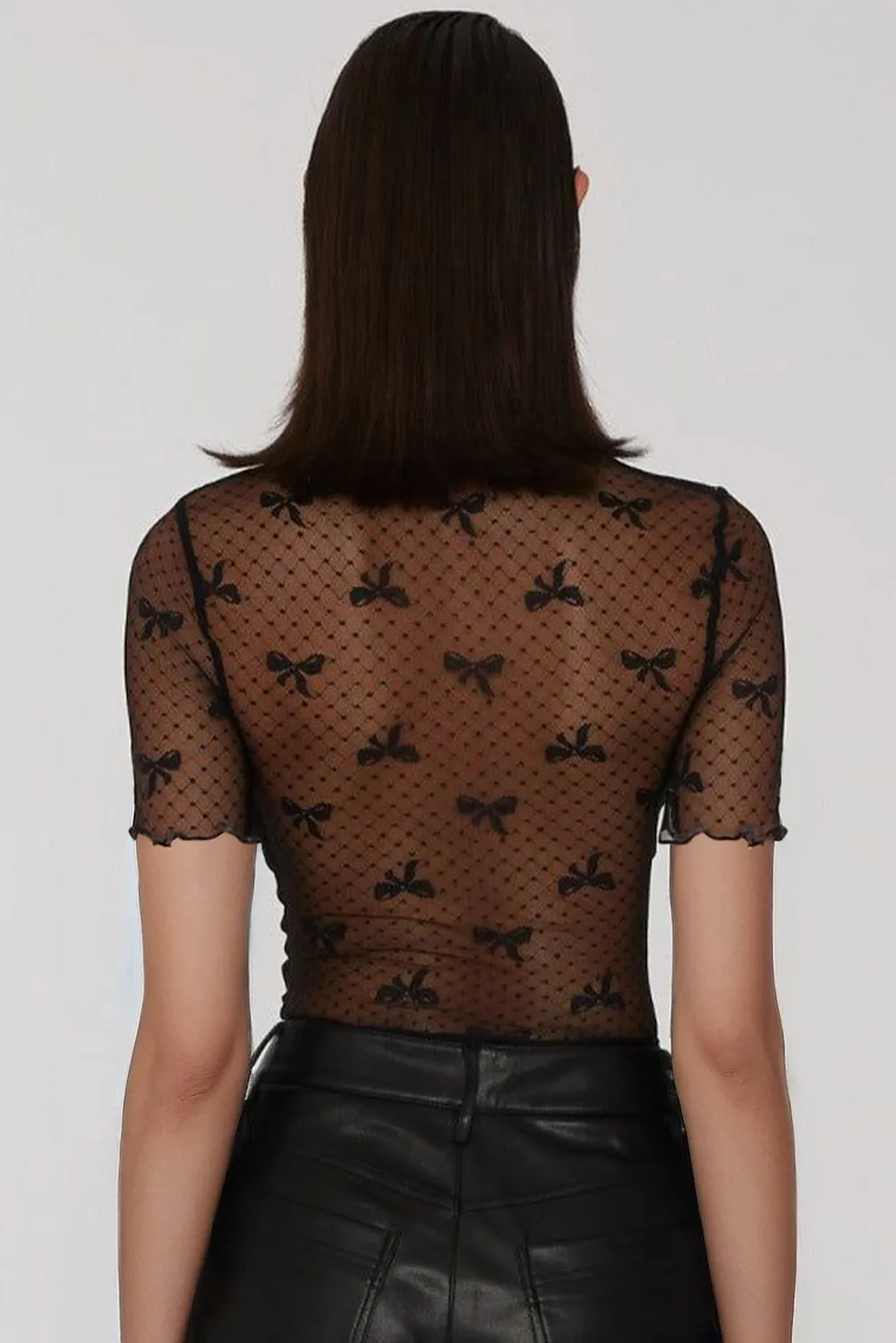 Black Bow Knot Dotted See-through Mesh Patched Slim Fit Blouse sold by Beagle Boutique product image thumbnail 4