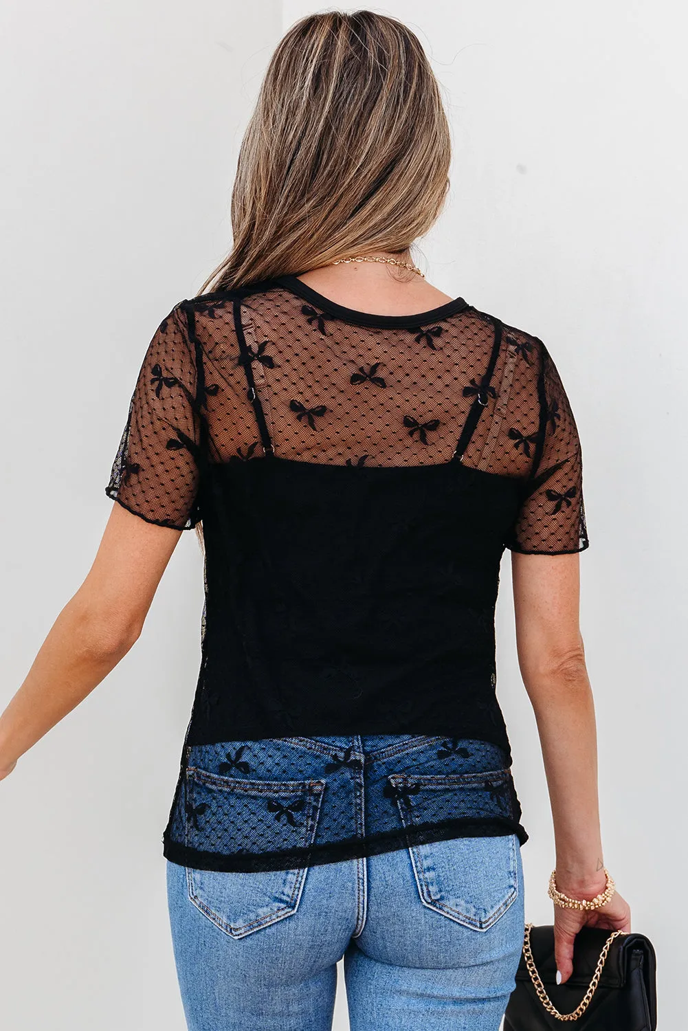 Black Bow Knot Dotted See-through Mesh Patched Slim Fit Blouse sold by Beagle Boutique product image thumbnail 2