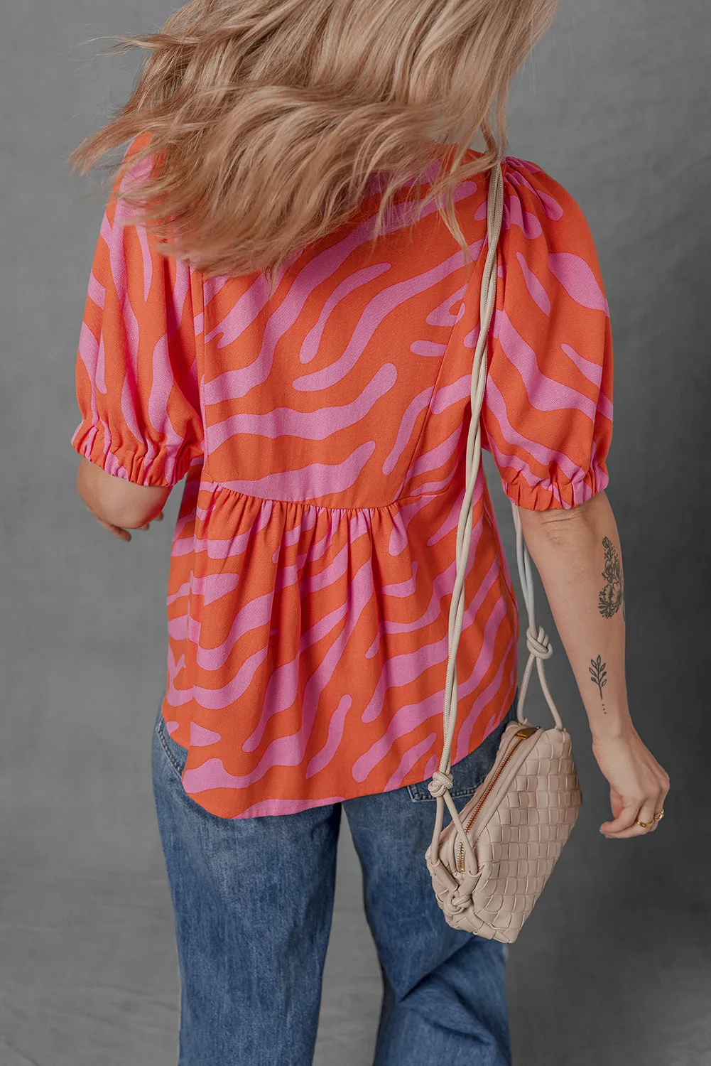 Orange Zebra Stripe Print Ruched Cuff Half Sleeve V Neck Blouse sold by Beagle Boutique product image thumbnail 2