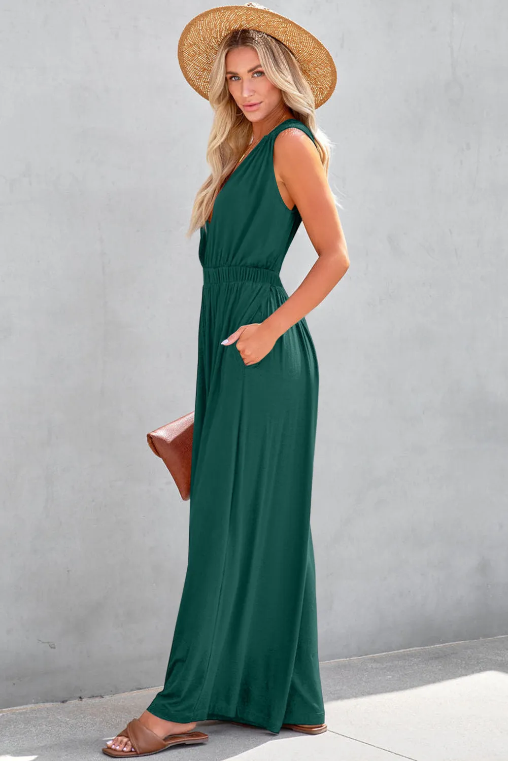 Blackish Green Deep V Pleated Crisscross Wide Leg Backless Jumpsuit sold by Beagle Boutique product image thumbnail 3