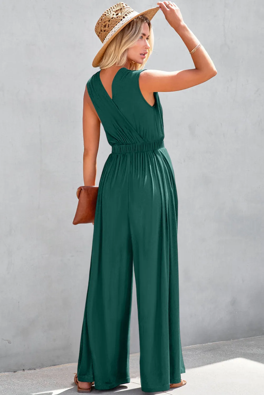Blackish Green Deep V Pleated Crisscross Wide Leg Backless Jumpsuit sold by Beagle Boutique product image thumbnail 2