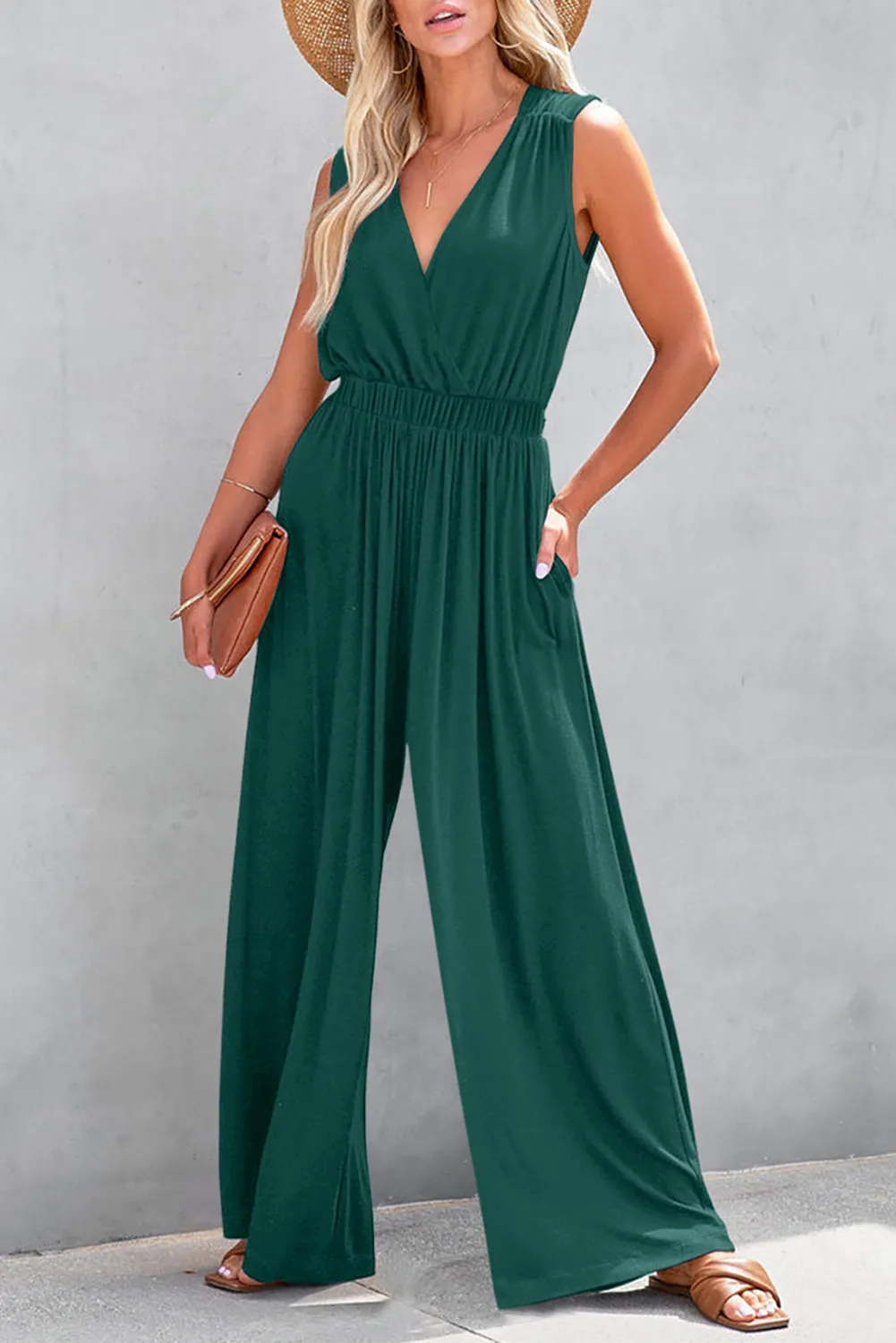 Blackish Green Deep V Pleated Crisscross Wide Leg Backless Jumpsuit sold by Beagle Boutique