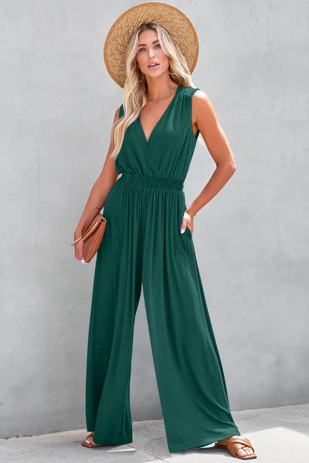 Blackish Green Deep V Pleated Crisscross Wide Leg Backless Jumpsuit sold by Beagle Boutique product image thumbnail 4