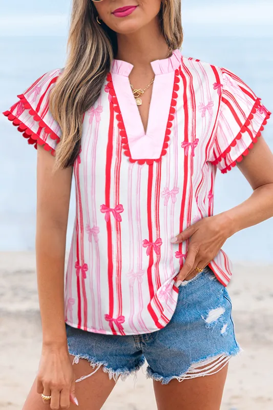 Pink Ric-rac Trim Ruffled Sleeve V Neck Bow Striped Printed Blouse sold by Beagle Boutique