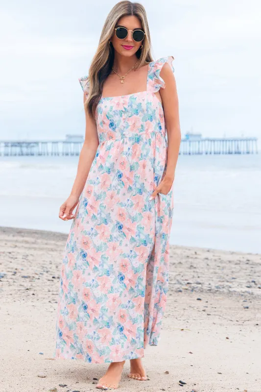 Pink Floral Print Square Neck Backless Long Dress with Slit sold by Beagle Boutique