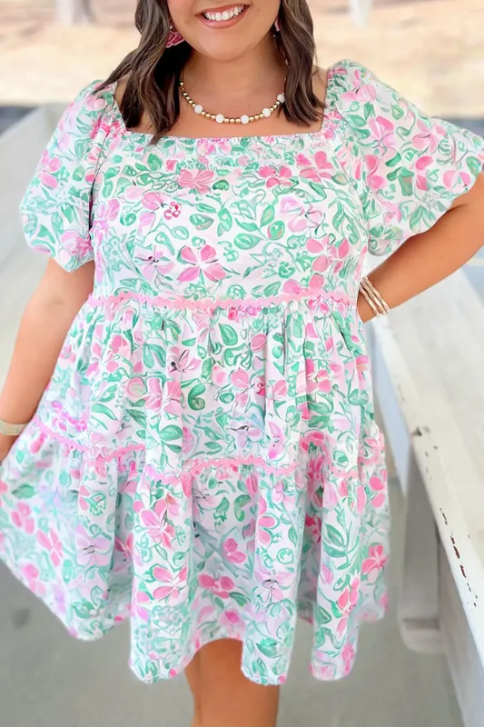 White Floral Print Ric-rac Trim Square Neck Plus Size Mini Dress sold by Beagle Boutique