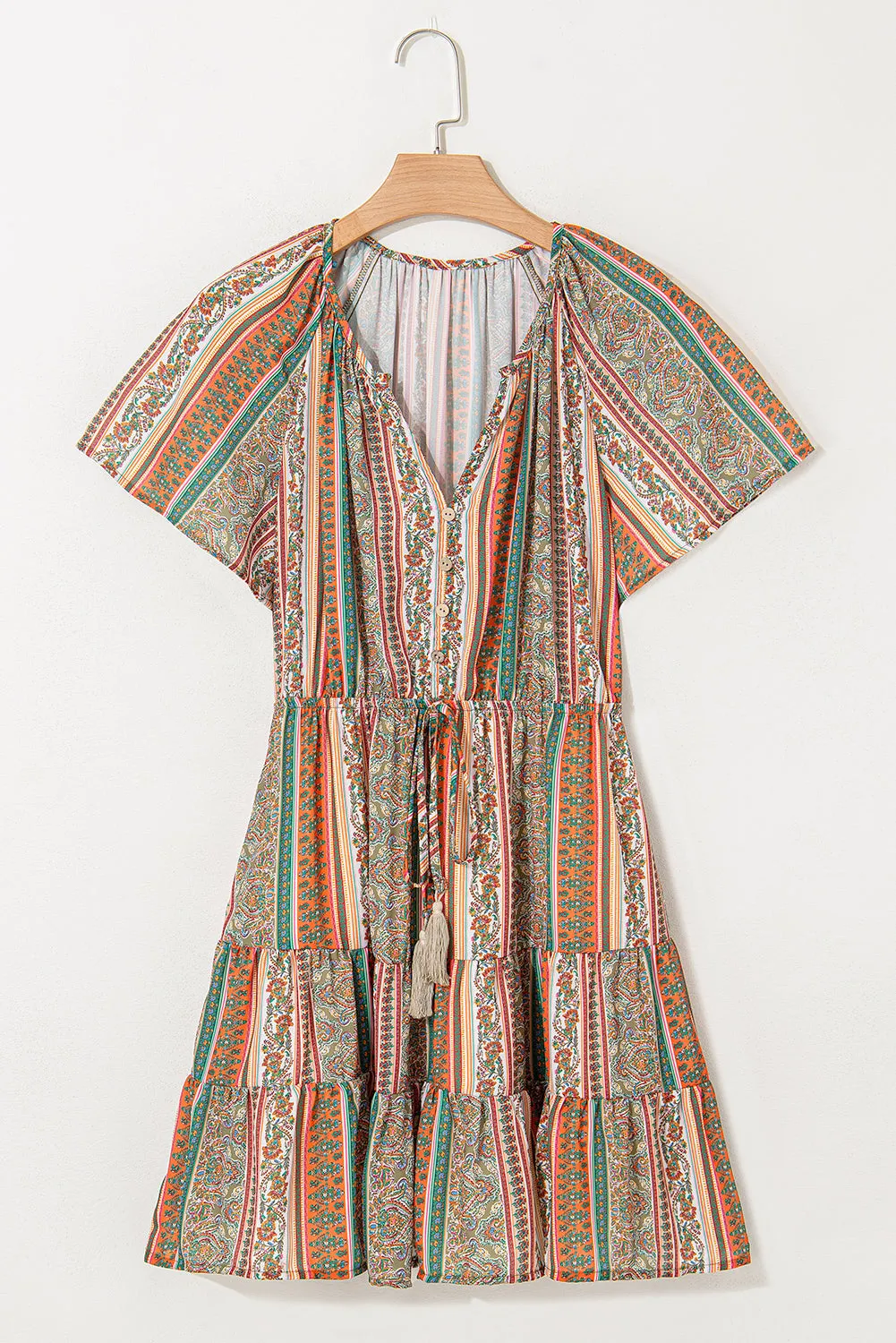 Red Bohemian Floral Print Buttoned V Neck Ruffle Tiered Dress sold by Beagle Boutique product image thumbnail 4