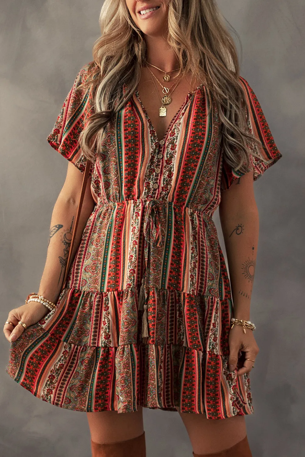 Red Bohemian Floral Print Buttoned V Neck Ruffle Tiered Dress sold by Beagle Boutique product image thumbnail 3