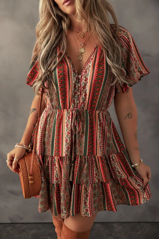 Red Bohemian Floral Print Buttoned V Neck Ruffle Tiered Dress sold by Beagle Boutique