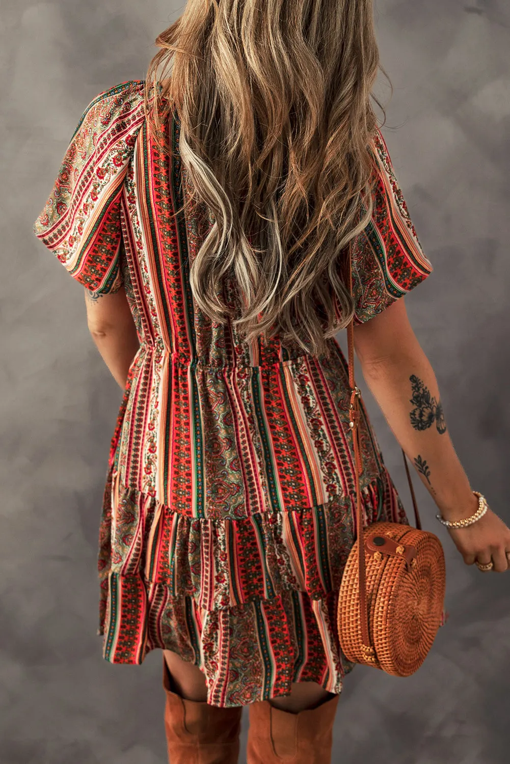 Red Bohemian Floral Print Buttoned V Neck Ruffle Tiered Dress sold by Beagle Boutique product image thumbnail 2