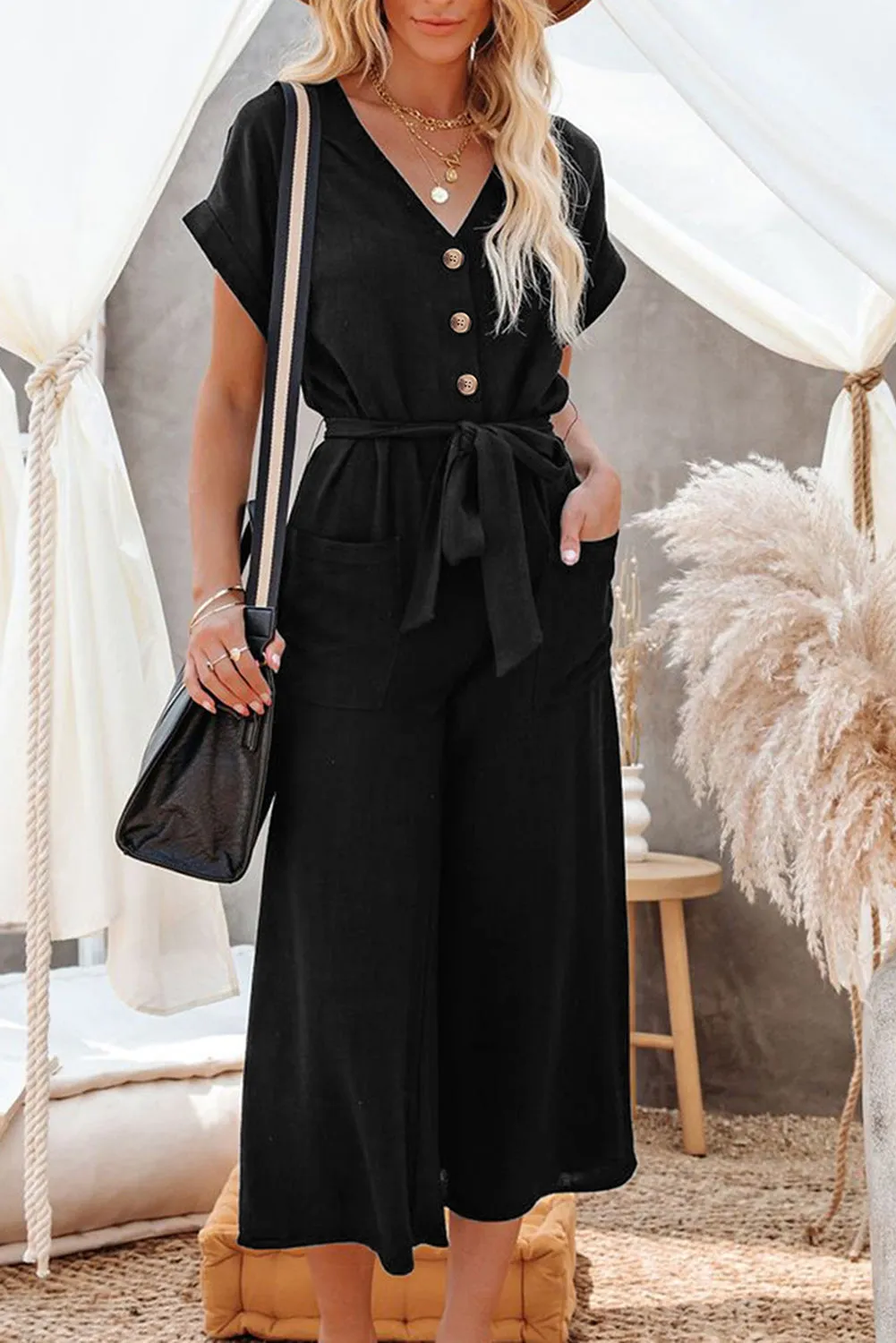 Black Dolman Button Belted V Neck Wide Leg Pocketed Jumpsuit sold by Beagle Boutique product image thumbnail 4