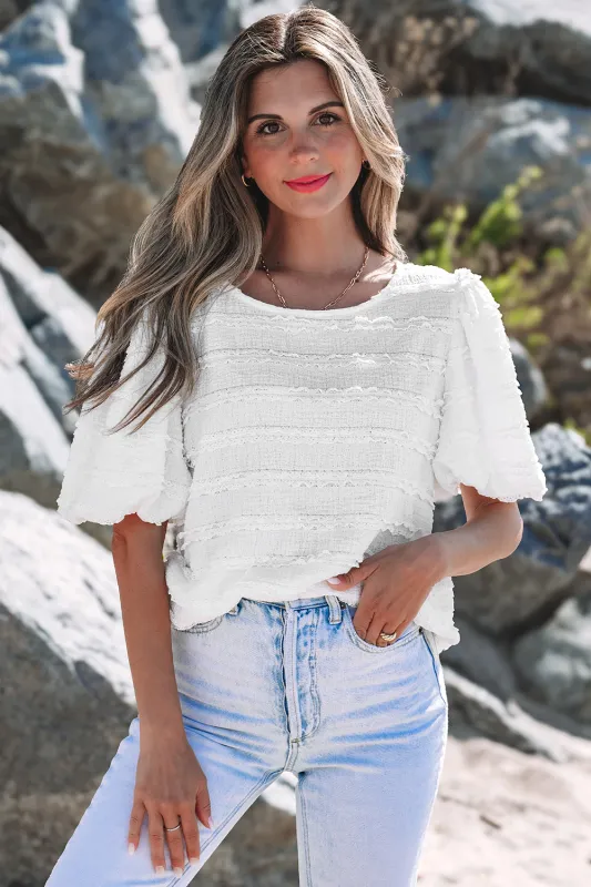 White Frilled Lace Trim Bubble Sleeve Blouse sold by Beagle Boutique