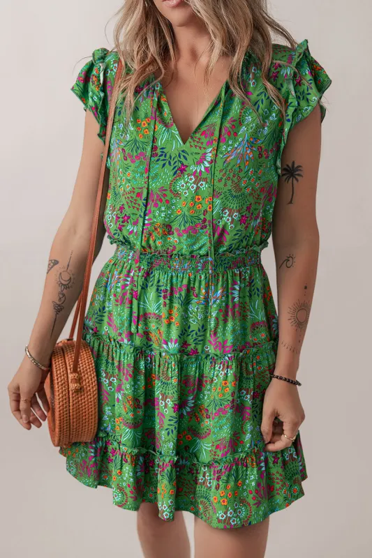 Green Floral Tie Split Neck Frilly Ruffle Trim Tiered Short Dress sold by Beagle Boutique