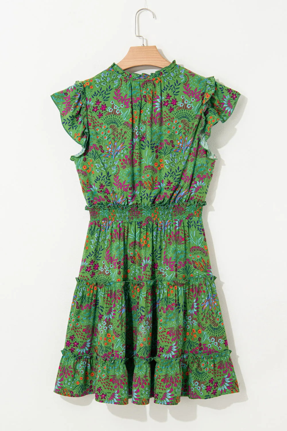 Green Floral Tie Split Neck Frilly Ruffle Trim Tiered Short Dress sold by Beagle Boutique product image thumbnail 5