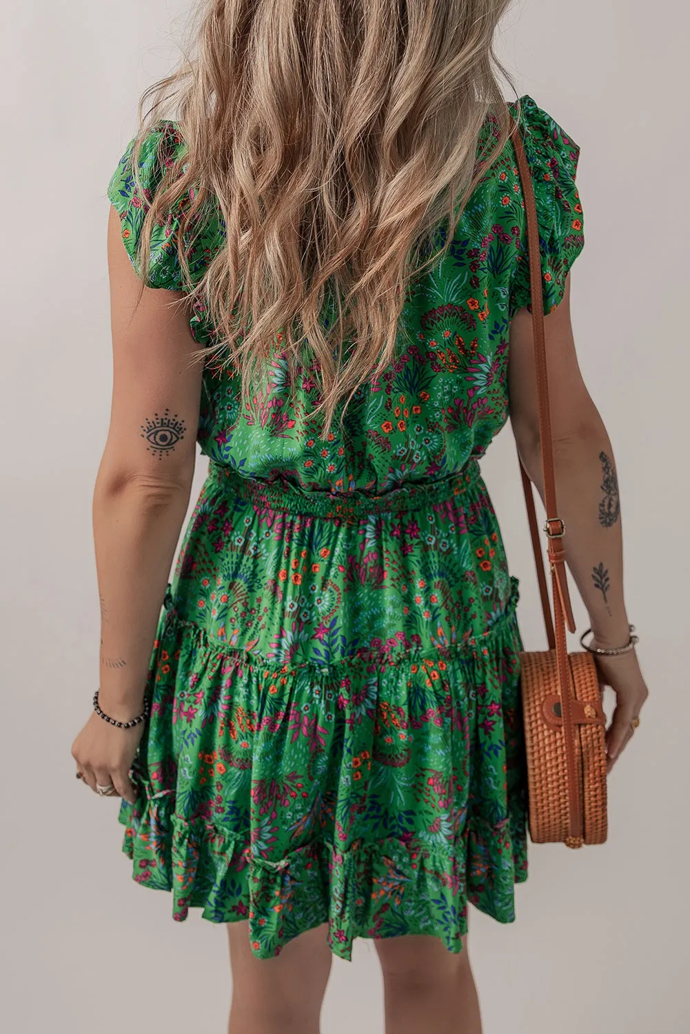 Green Floral Tie Split Neck Frilly Ruffle Trim Tiered Short Dress sold by Beagle Boutique product image thumbnail 3