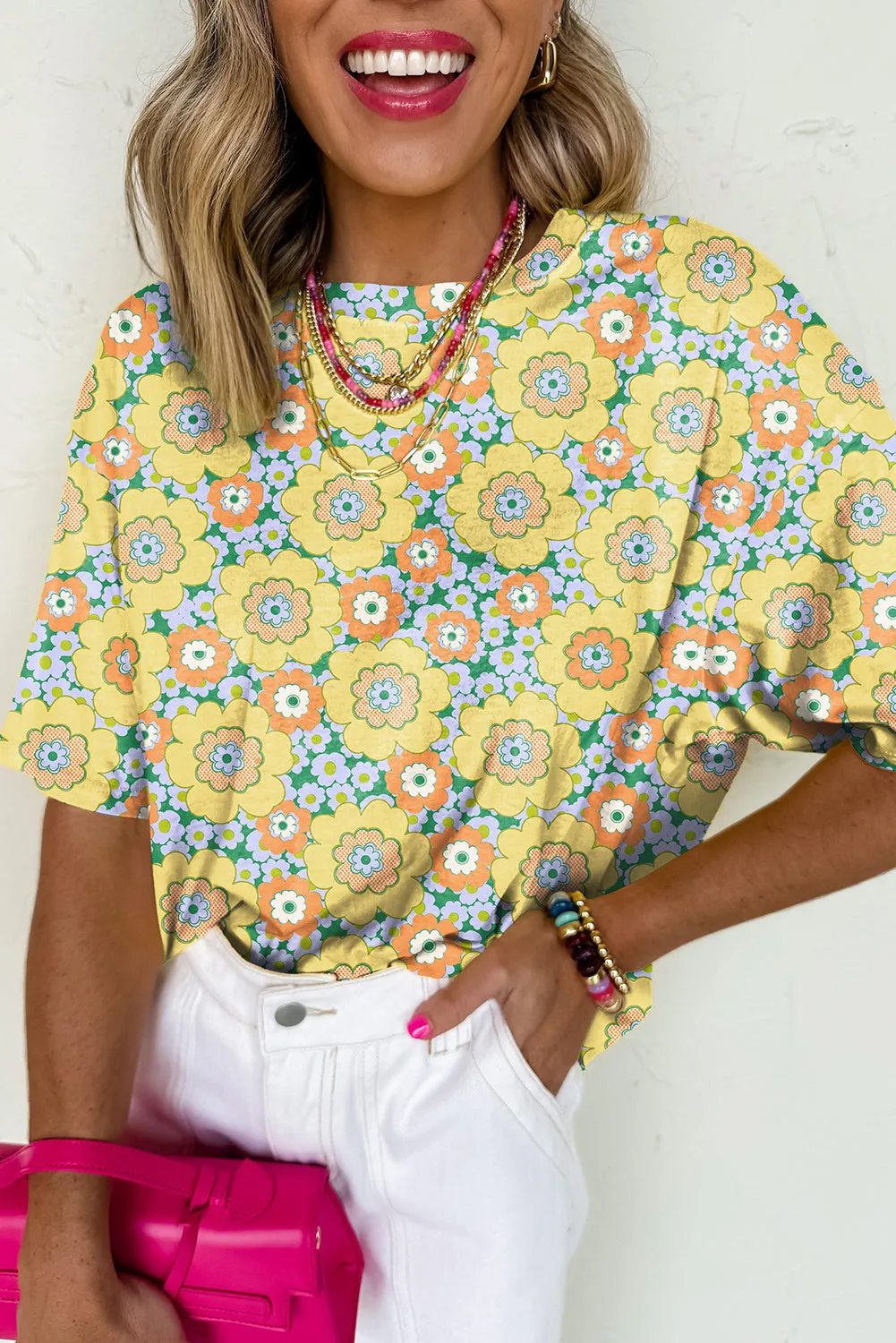Yellow Summer Flower Printed Drop Shoulder Loose T Shirt sold by Beagle Boutique product image thumbnail 5