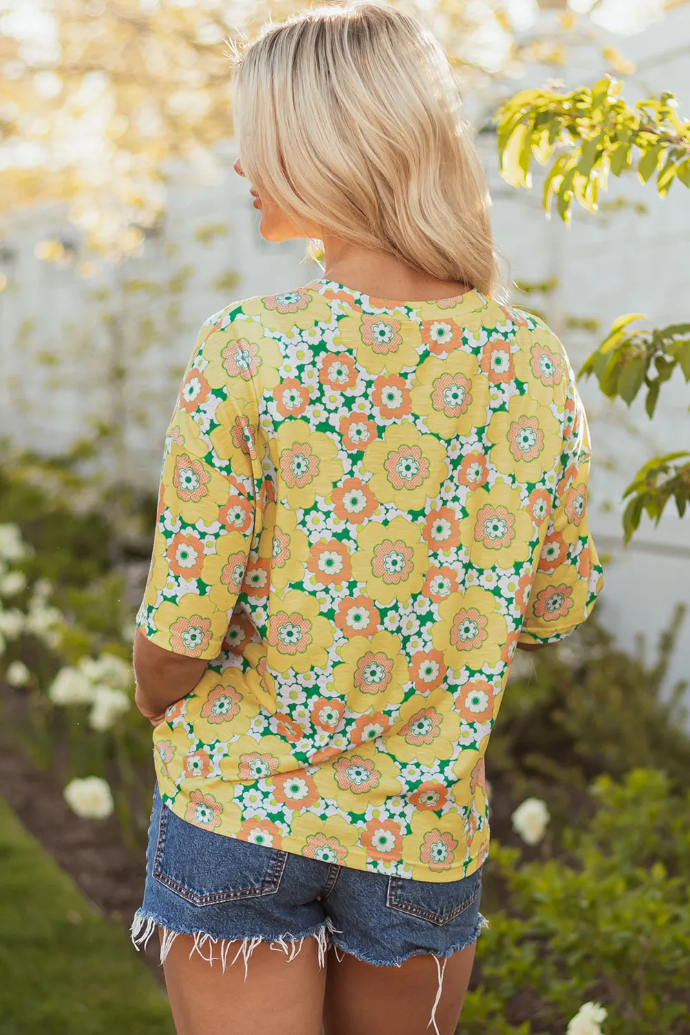 Yellow Summer Flower Printed Drop Shoulder Loose T Shirt sold by Beagle Boutique product image thumbnail 2