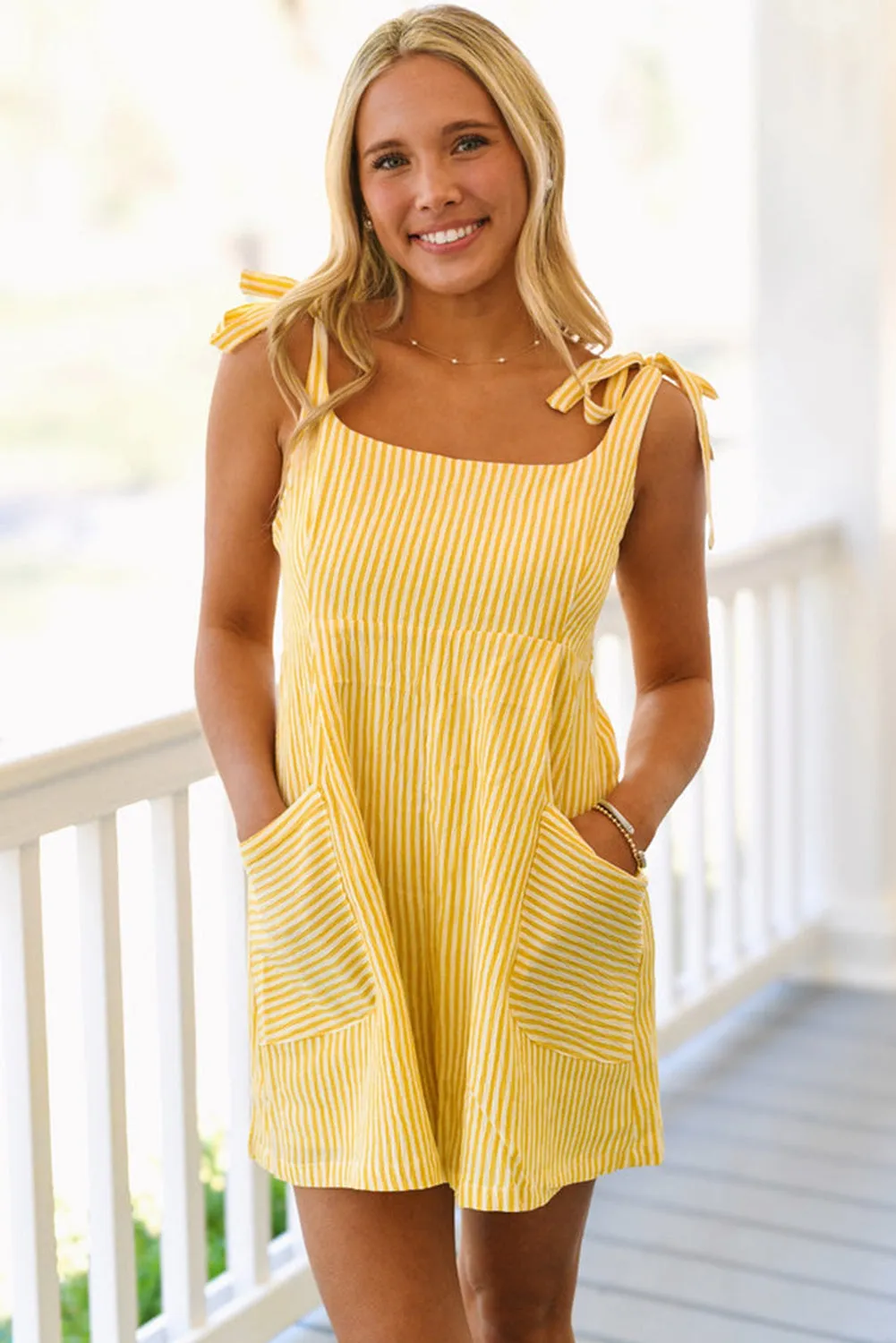Yellow Stripe Shoulder Tie Smocked Back Wide Leg Casual Romper sold by Beagle Boutique product image thumbnail 3