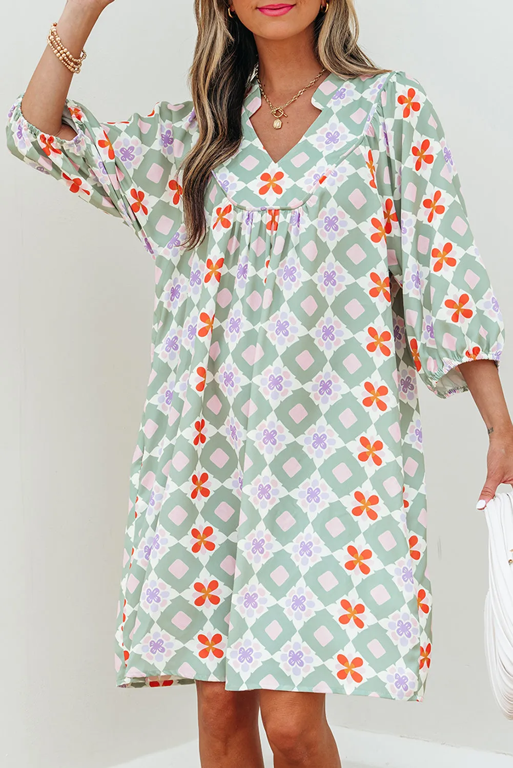 Green Geometric Floral Print 3/4 Sleeve Notched Neck Mini Dress sold by Beagle Boutique product image thumbnail 5