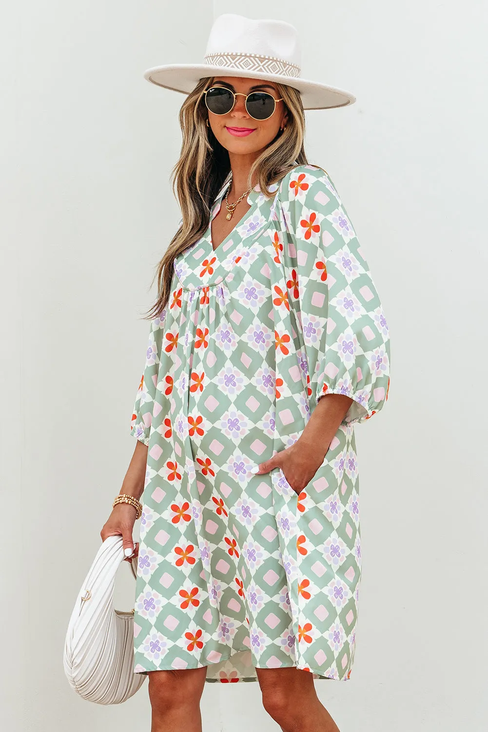 Green Geometric Floral Print 3/4 Sleeve Notched Neck Mini Dress sold by Beagle Boutique product image thumbnail 3
